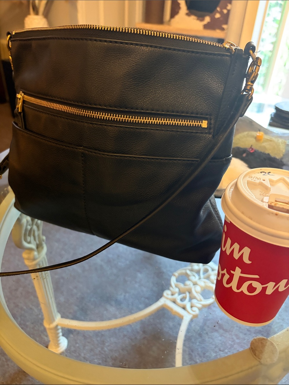 Fossil Black Leather Crossbody with Gold Zippers